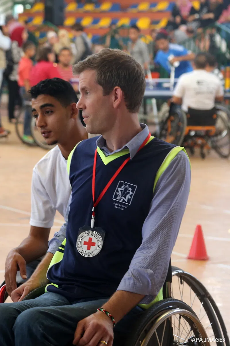 American coach Jess marc takes part in the closing ceremony of the wheelchairs basketball training camp organised by the International Committee of the Red Cross (ICRC), in Gaza city on june 2, 2016. Photo by Nidal Alwah...