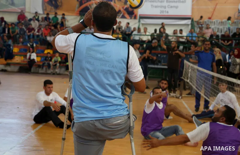 Disabled Palestinians take part in the closing ceremony of the wheelchairs basketball training camp organised by the International Committee of the Red Cross (ICRC) , in Gaza city on june 2, 2016. Photo by Nidal Alwaheid...