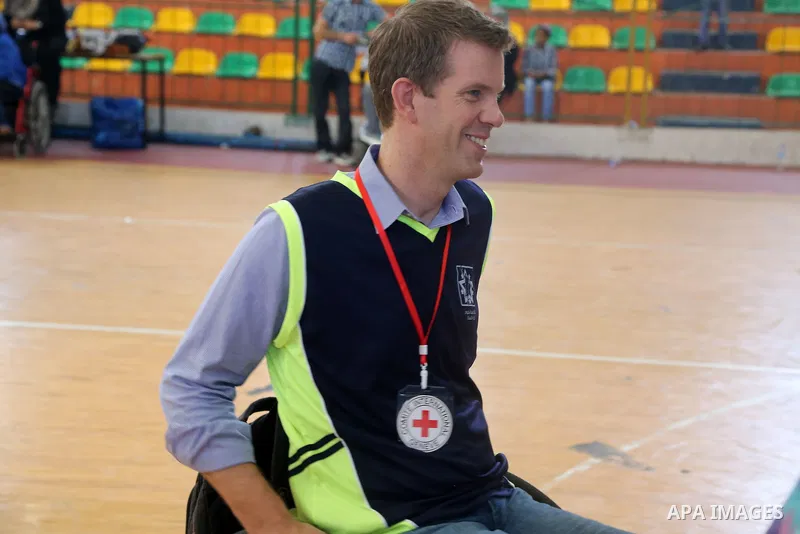 American coach Jess marc takes part in the closing ceremony of the wheelchairs basketball training camp organised by the International Committee of the Red Cross (ICRC), in Gaza city on june 2, 2016. Photo by Nidal Alwah...