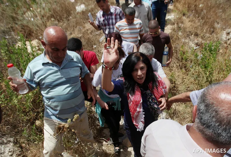 Prominent Palestinian lawmaker Khalida Jarrar gestures at the Jubara checkpoint near the northern West Bank city of Tulkarem, following her release from an Israeli jail on June 3, 2016, after serving a 15-month sentence...