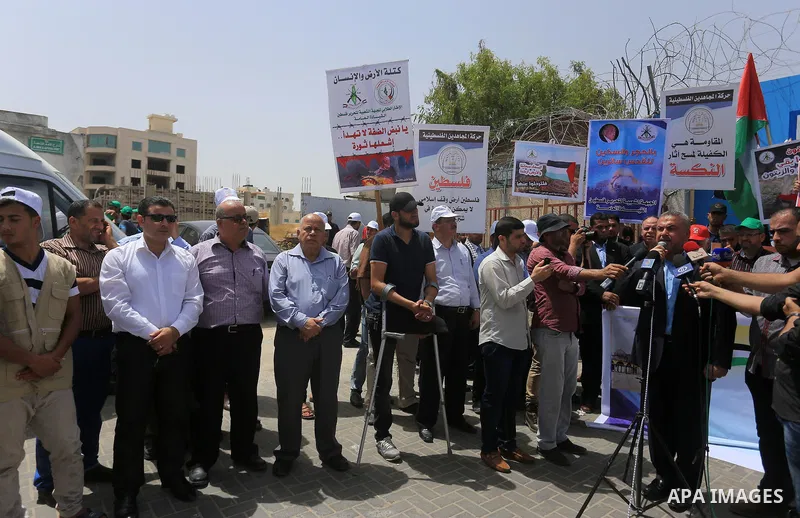 Senior Hamas Leader. Ismail Redwan speaks during in a protest to mark Naksa Day (setback), in front of the headquarter United Nation "UNSCO" in Gaza City, on June 04, 2016. Palestinians mark "Naksa Day" to mourn the 49th...