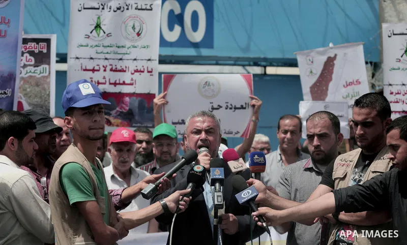 Senior Hamas Leader. Ismail Redwan speaks during in a protest to mark Naksa Day (setback), in front of the headquarter United Nation "UNSCO" in Gaza City, on June 04, 2016. Palestinians mark "Naksa Day" to mourn the 49th...