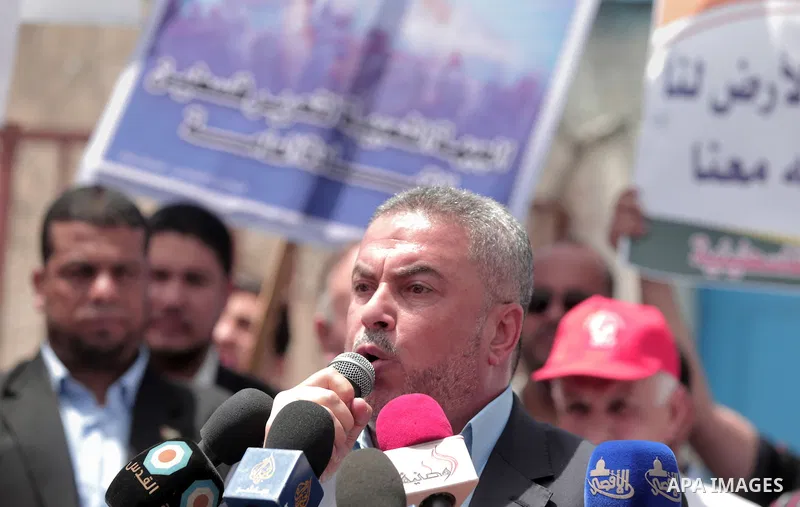 Senior Hamas Leader. Ismail Redwan speaks during in a protest to mark Naksa Day (setback), in front of the headquarter United Nation "UNSCO" in Gaza City, on June 04, 2016. Palestinians mark "Naksa Day" to mourn the 49th...