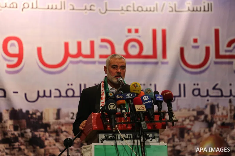 Senior Hamas leader Ismail Haniyeh, speaks during the Jerusalem and Al-Aqsa Festival in Gaza city, on June 04, 2016. Photo by Mohammed Asad