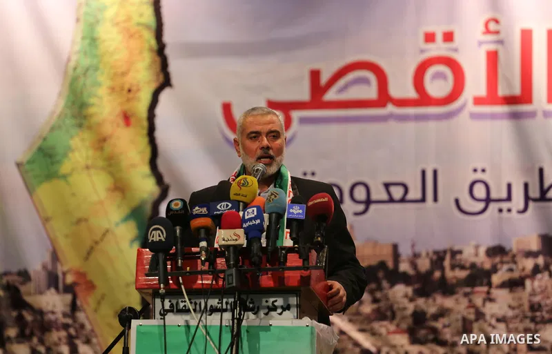 Senior Hamas leader Ismail Haniyeh, speaks during the Jerusalem and Al-Aqsa Festival in Gaza city, on June 04, 2016. Photo by Mohammed Asad