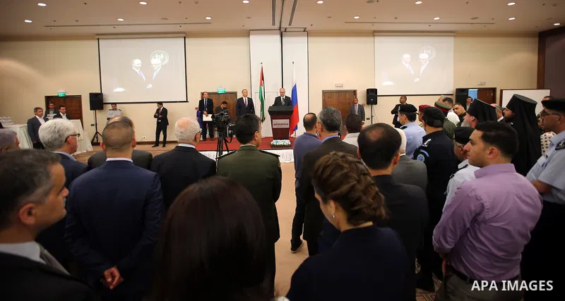 Palestinian Prime Minister Rami Hamdallah speaks during Russian national day ceremony in the West Bank city of Ramallah, on June 05, 2016. Photo by Prime Minister Office