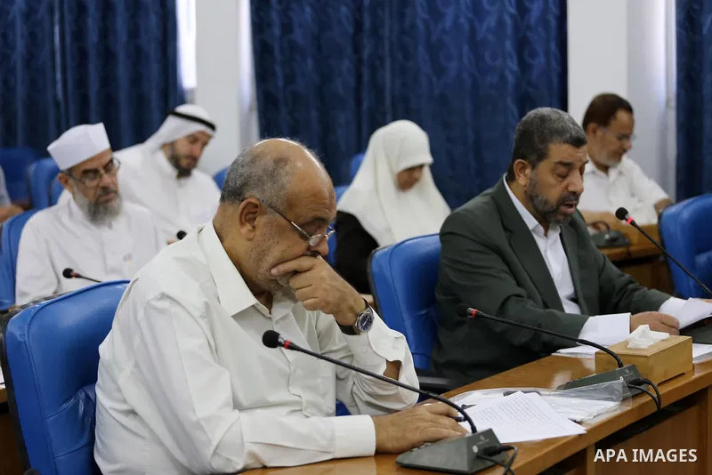 Members of the Palestinian legislative council from Hamas movement attend a meeting at the legislative council in Gaza city on June 8, 2016. Photo by Mohammed Asad