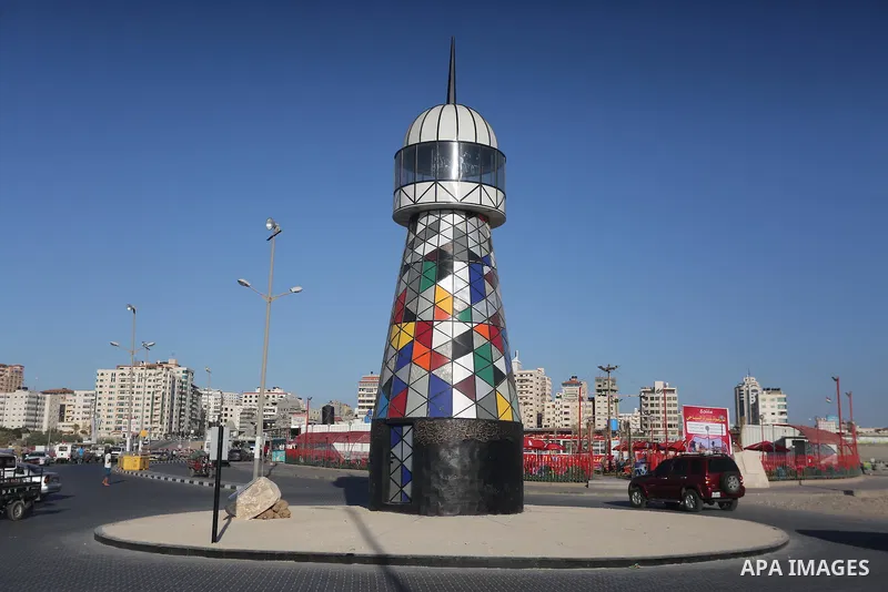 The general view show the lighthouse at the seaport of Gaza city, on June 10, 2016. Gaza lighthouse project depends on the recycling remnants of Israeli offensive on the Gaza Strip in 2014, for the Palestinian artist Sha...