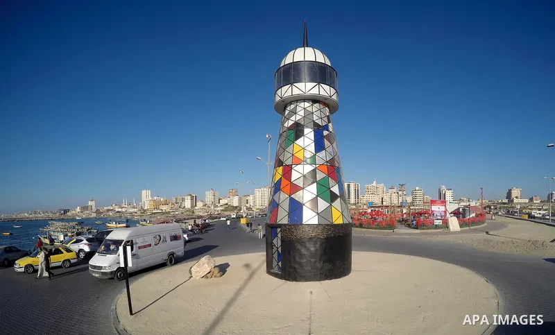 The general view show the lighthouse at the seaport of Gaza city, on June 10, 2016. Gaza lighthouse project depends on the recycling remnants of Israeli offensive on the Gaza Strip in 2014, for the Palestinian artist Sha...