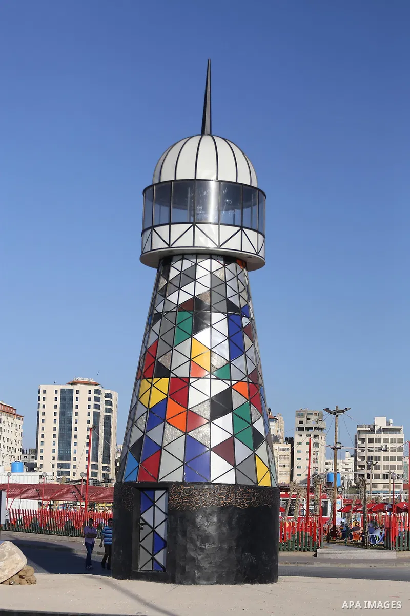 The general view show the lighthouse at the seaport of Gaza city, on June 10, 2016. Gaza lighthouse project depends on the recycling remnants of Israeli offensive on the Gaza Strip in 2014, for the Palestinian artist Sha...