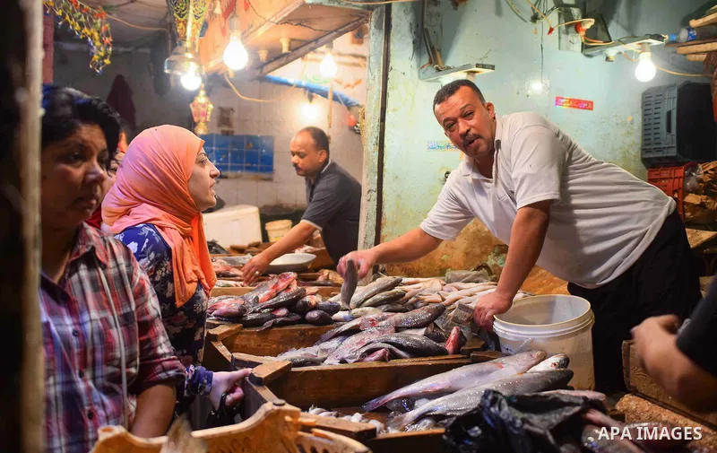 An Egyptian vendor displays fishes at his shop on the holy month of Ramadan at a fishes market at the Imbaba area in Cairo, Egypt, on June 11, 2016. Ramadan is sacred to Muslims because it is during that month that tradi...