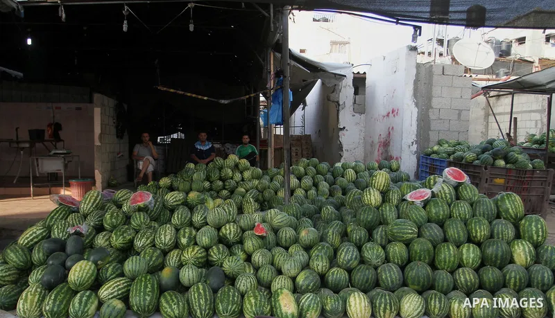 A Palestinian man displays watermelon at a market during the Muslim fasting month of Ramadan, in Rafah in the southern Gaza strip on June 13, 2016. Photo by Abed Rahim Khatib