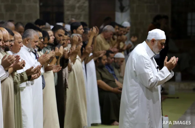 Senior Hamas leader Ismail Haniyeh, performs "Taraweeh", nightly prayer of the month of Ramadan in Gaza city on June 19, 2016. Ramadan is sacred to Muslims because it is during that month that tradition says the Koran wa...