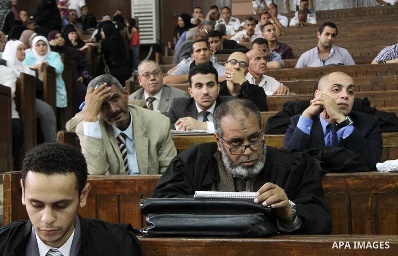 Egyptian lawyers attends the trial of Ansar Bait Al-Maqdis group in Cairo on June 25, 2016, on charges of assassination of police officers, attempted assassination of interior minister Mohamed Ibrahim and explosions near...