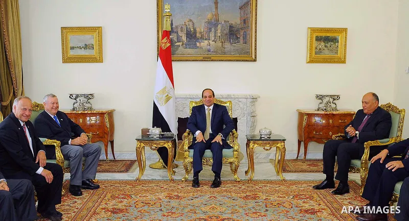 Egyptian President Abdel Fattah al-Sisi meets with a delegation of US congressmen, in Cairo, Egypt, on June 26, 2016. Photo by Egyptian President Office