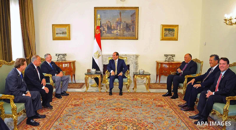 Egyptian President Abdel Fattah al-Sisi meets with a delegation of US congressmen, in Cairo, Egypt, on June 26, 2016. Photo by Egyptian President Office