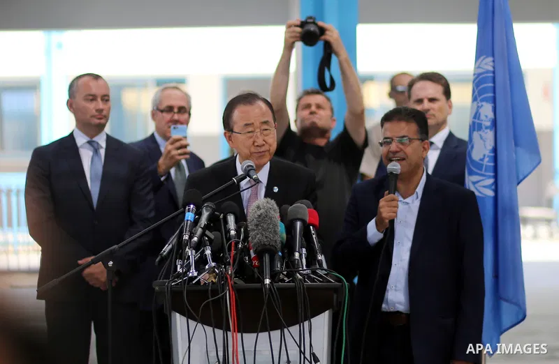U.N. Secretary-General Ban Ki-moon speaks during a news conference at a United Nations-run school in Gaza City June 28, 2016. Photo by Yasser Qudih