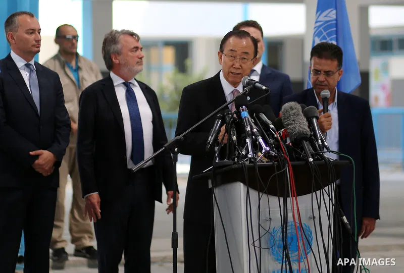 U.N. Secretary-General Ban Ki-moon speaks during a news conference at a United Nations-run school in Gaza City June 28, 2016. Photo by Yasser Qudih