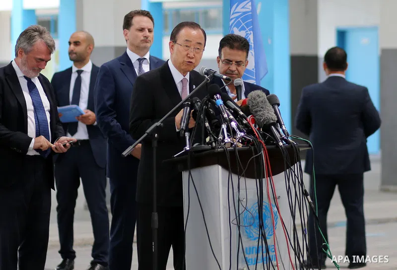U.N. Secretary-General Ban Ki-moon speaks during a news conference at a United Nations-run school in Gaza City June 28, 2016. Photo by Yasser Qudih