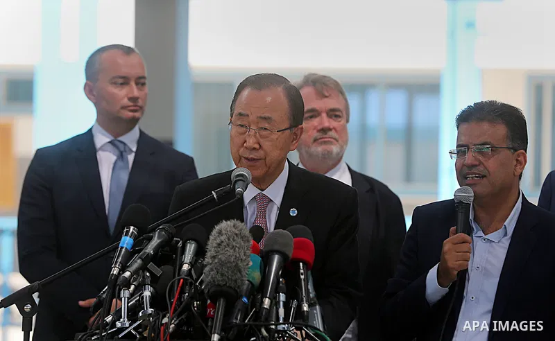 U.N. Secretary-General Ban Ki-moon speaks during a news conference at a United Nations-run school in Gaza City June 28, 2016. Photo by Yasser Qudih