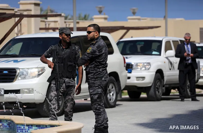 Members of Palestinian security forces loyal to Hamas stand guard during the U.N. Secretary-General Ban Ki-moon visits a Qatari-funded rehabilitation and artificial limbs hospital in the northern Gaza Strip June 28, 2016...