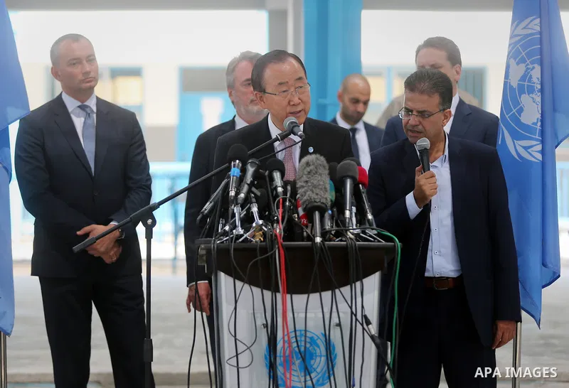 UN Secretary-General Ban Ki-moon speaks during a press conference at a United Nations school in Gaza City on June 28, 2016. UN chief Ban Ki-moon the previous day urged Israelis and Palestinians not to allow extremists on...