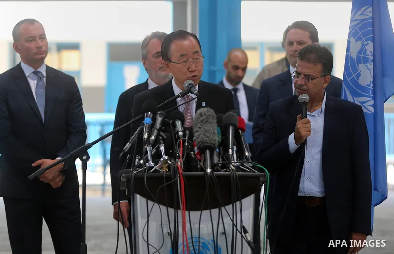 UN Secretary-General Ban Ki-moon speaks during a press conference at a United Nations school in Gaza City on June 28, 2016. UN chief Ban Ki-moon the previous day urged Israelis and Palestinians not to allow extremists on...
