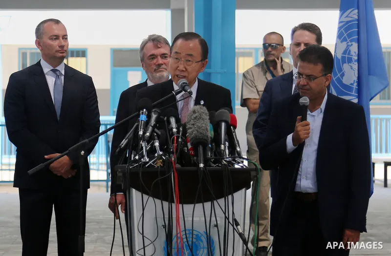 UN Secretary-General Ban Ki-moon speaks during a press conference at a United Nations school in Gaza City on June 28, 2016. UN chief Ban Ki-moon the previous day urged Israelis and Palestinians not to allow extremists on...