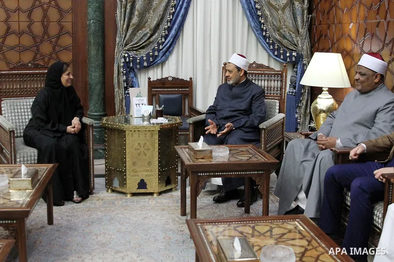 Sheikh Ahmed Mohamed el-Tayeb, Egyptian Imam of al-Azhar Mosque meets with Sheikha Lubna Al Qasimi is the Minister of State for Tolerance in the UAE in Cairo, Egypt, on June 28, 2016. Photo by Amr Sayed