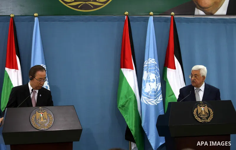 United Nations Secretary General Ban Ki-moon (L) and Palestinian president Mahmud Abbas give a joint press conference after a meeting on June 28, 2016 in the West Bank city of Ramallah. Ban urged Israeli Prime Minister B...