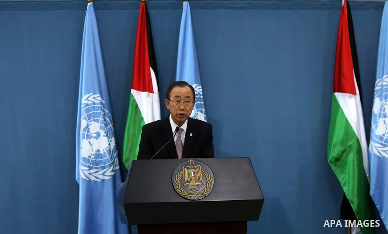 United Nations Secretary General Ban Ki-moon speaks during a joint press conference with Palestinian president after a meeting on June 28, 2016 in the West Bank city of Ramallah. Ban urged Israeli Prime Minister Benjamin...