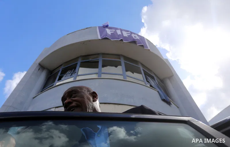 Chairman of the FIFA Monitoring Committee Israel-Palestine Tokyo Sexwale visits the headquarters of the Palestinian Football Association which witnesses said was damaged in past Israeli shelling, in the northern Gaza Str...