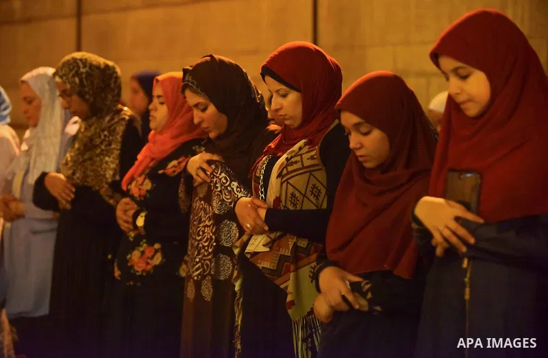 Egyptian muslim worshipers take part in Laylat Al Qadr prayers or Night of Power, in which the Muslim holy book of Koran was revealed to Prophet Mohammad by Allah on the 27th day of the holy fasting month of Ramadan at A...