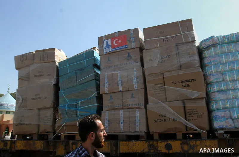 A truck loaded with aid parcels provided by Turkey is parked at Kerem Shalom crossing between Israel and southern Gaza Strip July 4, 2016. A Turkish ship carrying aid for Gaza arrived in Israel on July 3, a week after th...