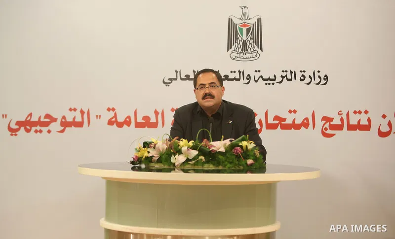 Palestinian Minister of Education, Sabri Saidam, speaks during a press conference to announce the results of the final high school exams known as "Tawjihi", in the West Bank city of Ramallah on July 11, 2016. Photo by Sh...