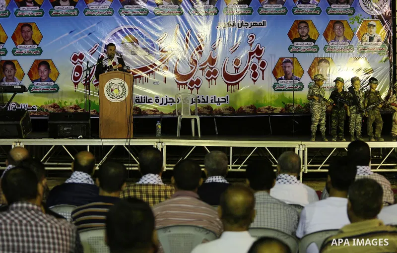 Senior Hamas leader Khalil al-Hayah speaks during a memorial service for Al-Batsh family, who were killed during the recent Israeli war on Gaza Strip, in Shajaiyeh neighborhood in Gaza city, on July 12, 2016. Photo by Mo...