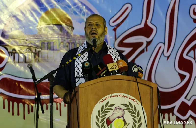 Senior Hamas leader Khalil al-Hayah speaks during a memorial service for Al-Batsh family, who were killed during the recent Israeli war on Gaza Strip, in Shajaiyeh neighborhood in Gaza city, on July 12, 2016. Photo by Mo...