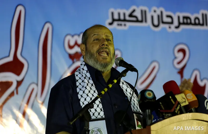 Senior Hamas leader Khalil al-Hayah speaks during a memorial service for Al-Batsh family, who were killed during the recent Israeli war on Gaza Strip, in Shajaiyeh neighborhood in Gaza city, on July 12, 2016. Photo by Mo...