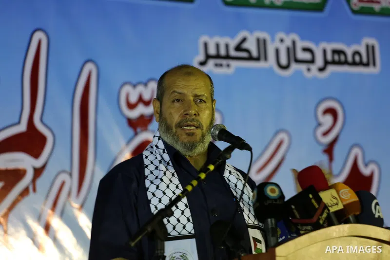 Senior Hamas leader Khalil al-Hayah speaks during a memorial service for Al-Batsh family, who were killed during the recent Israeli war on Gaza Strip, in Shajaiyeh neighborhood in Gaza city, on July 12, 2016. Photo by Mo...
