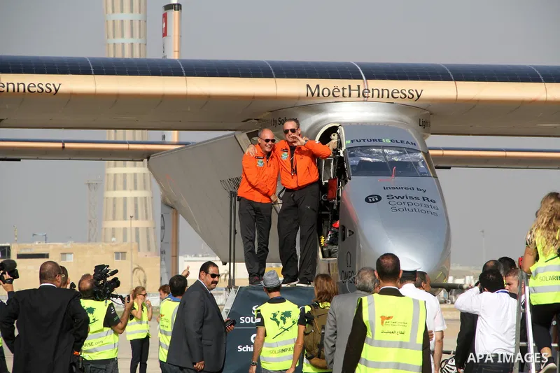 Solar Impulse 2, the solar powered plane, lands at Cairo International Airport on July 13, 2016, for the penultimate stage of its world tour. The experimental plane had completed the first solo transatlantic flight power...