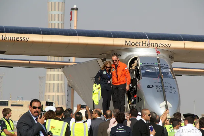 Solar Impulse 2, the solar powered plane, lands at Cairo International Airport on July 13, 2016, for the penultimate stage of its world tour. The experimental plane had completed the first solo transatlantic flight power...