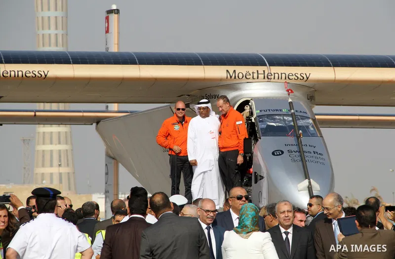 Solar Impulse 2, the solar powered plane, lands at Cairo International Airport on July 13, 2016, for the penultimate stage of its world tour. The experimental plane had completed the first solo transatlantic flight power...