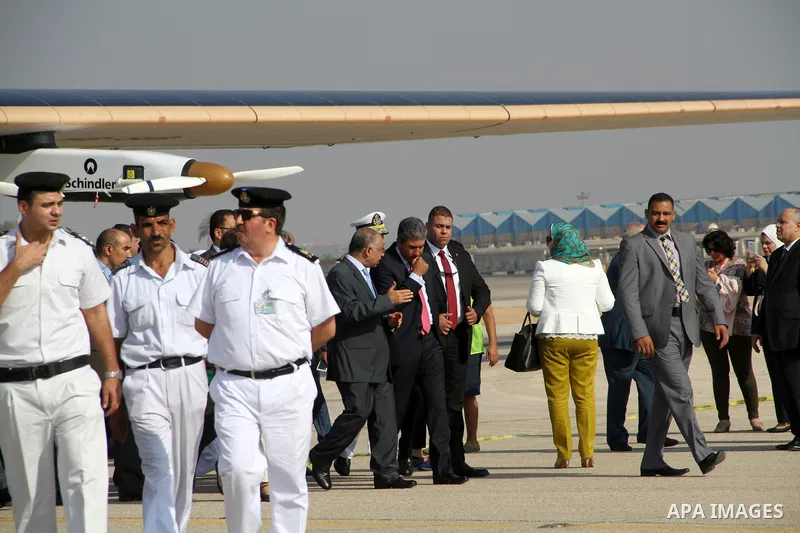 Solar Impulse 2, the solar powered plane, lands at Cairo International Airport on July 13, 2016, for the penultimate stage of its world tour. The experimental plane had completed the first solo transatlantic flight power...