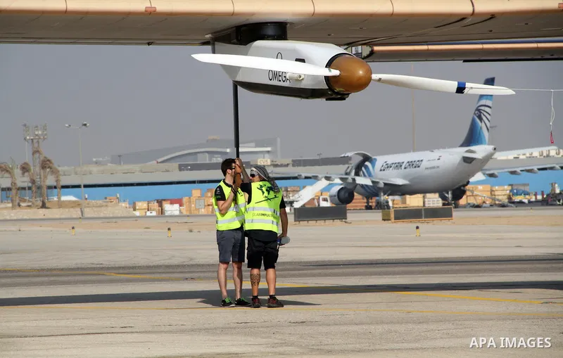 Solar Impulse 2, the solar powered plane, lands at Cairo International Airport on July 13, 2016, for the penultimate stage of its world tour. The experimental plane had completed the first solo transatlantic flight power...