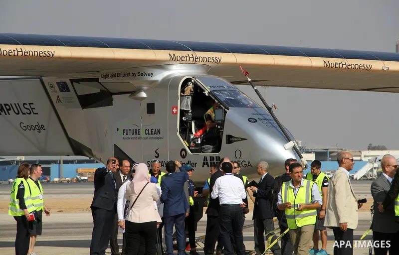 Solar Impulse 2, the solar powered plane, lands at Cairo International Airport on July 13, 2016, for the penultimate stage of its world tour. The experimental plane had completed the first solo transatlantic flight power...