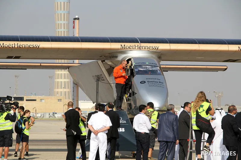 Solar Impulse 2, the solar powered plane, lands at Cairo International Airport on July 13, 2016, for the penultimate stage of its world tour. The experimental plane had completed the first solo transatlantic flight power...