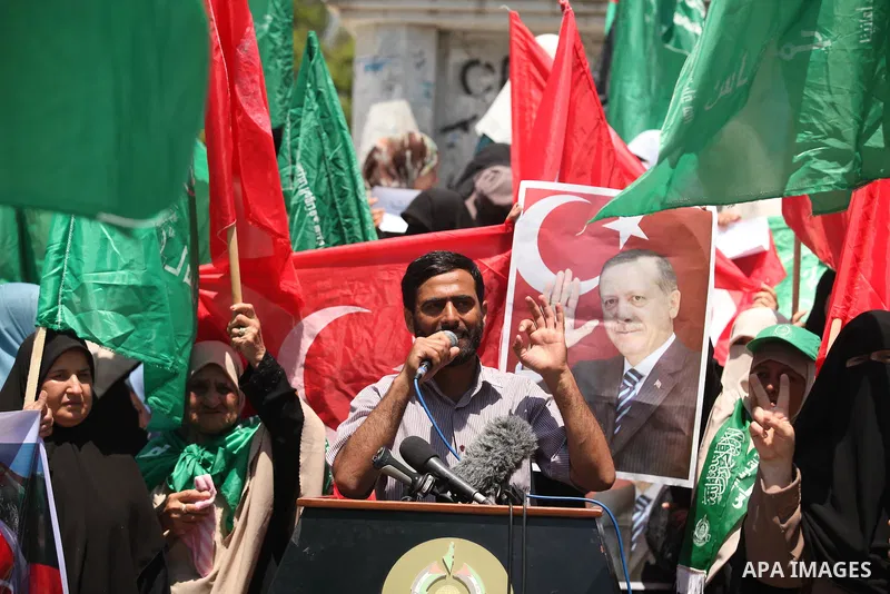 Mushir Al Masri, a Hamas MP and media spokesman speaks during a protest against the military coup attempt in Turkey, during a demonstration in Gaza City, on July 17, 2016. Turkish authorities wrested back control of the...