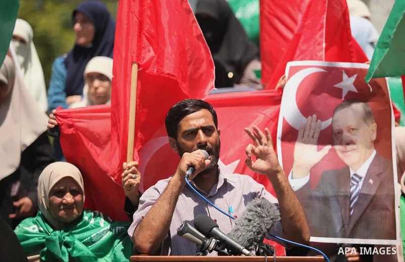 Mushir Al Masri, a Hamas MP and media spokesman speaks during a protest against the military coup attempt in Turkey, during a demonstration in Gaza City, on July 17, 2016. Turkish authorities wrested back control of the...