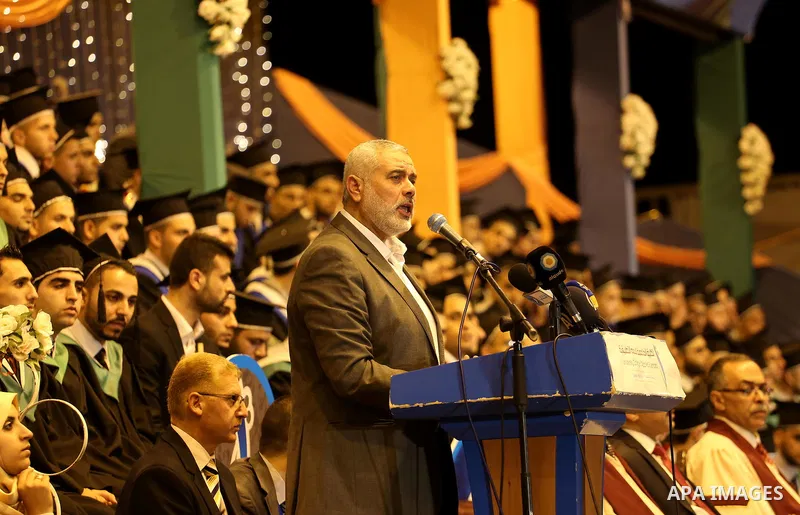 Senior Hamas leader Ismail Haniyeh speaks during graduation ceremony at the University College of Applied Sciences in Gaza city on July 17, 2016. Photo by Mohammed Asad