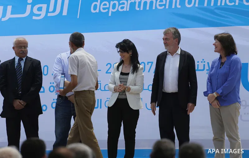 Director of UNRWA operations in Gaza Bo Shack, and Deputy general Relief and Works Agency for Palestine Refugees Commissioner, Sandra Mancl, attend the opening of an exhibition, in Gaza city, on July 18, 2016 Photo by Mo...